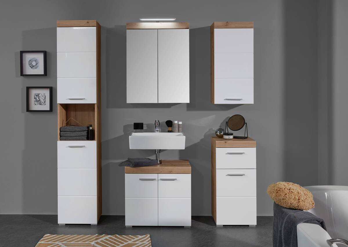 Waschbeckenunterschrank Amanda weiß Hochglanz Asteiche Nachbildung B/H/T: ca. 60x56x34 cm