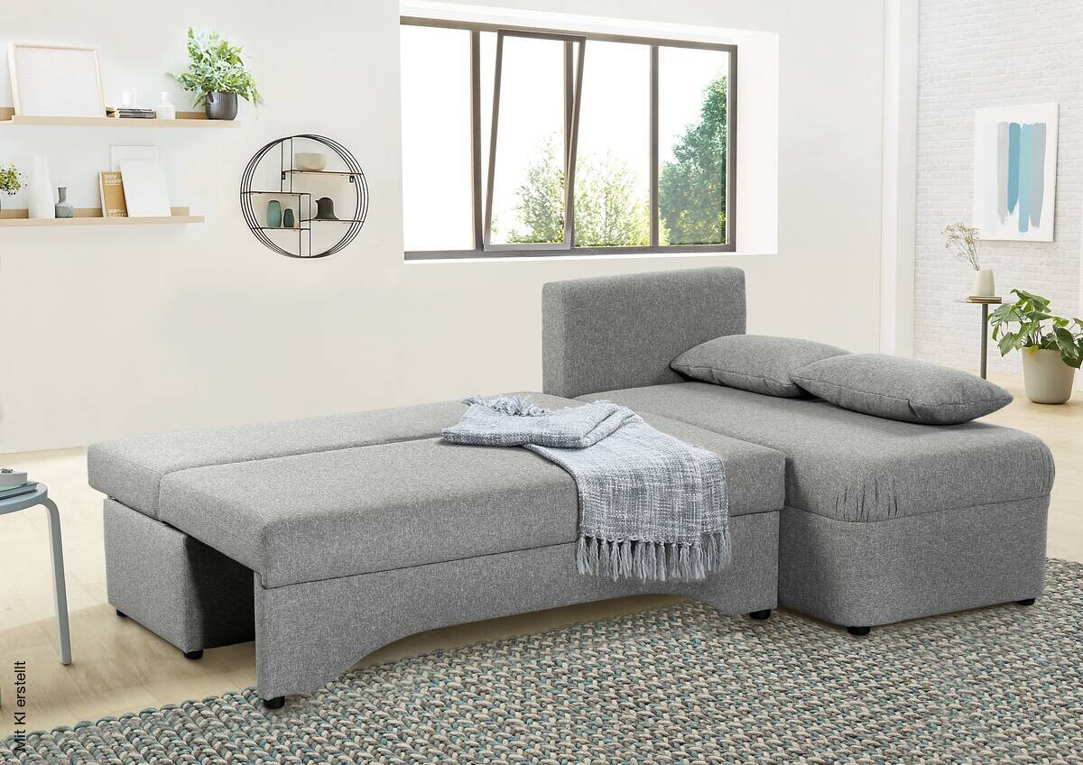 Ecksofa mit Bettfunktion und Bettkasten hellgrau Feinstruktur B/H/T: ca. 191x70x142 cm