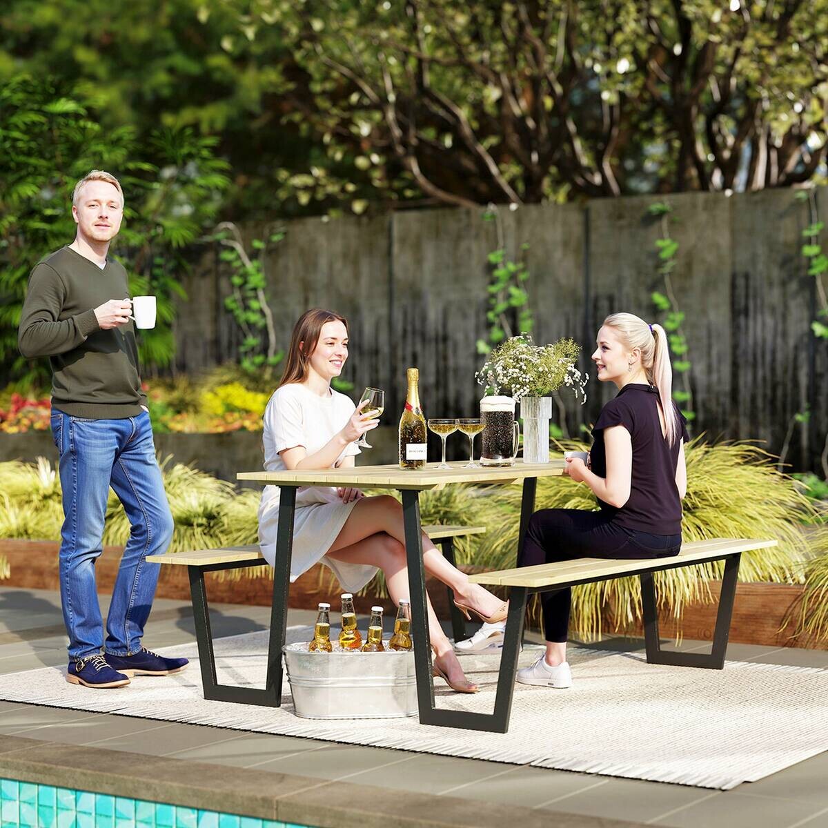 Outsunny Bierzeltgarnitur Holzoptik Holz B/H/L: ca. 148x78x175 cm