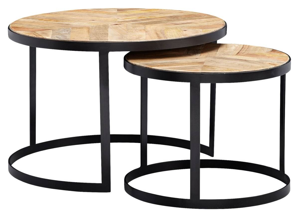 Beistelltisch 2er-Set. natur natur schwarz pulverbeschichtet Akazie MDF Eisen