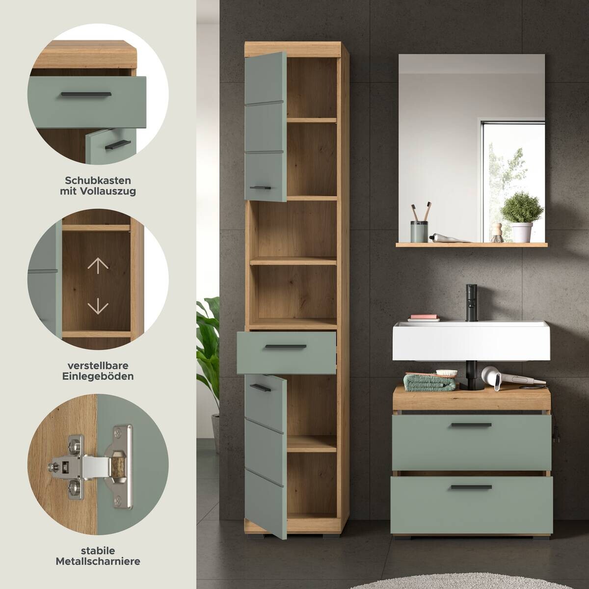 Badezimmer-Set Scout Eiche Artisan Nachbildung salbei Nachbildung B/H/T: ca. 112x191x37 cm