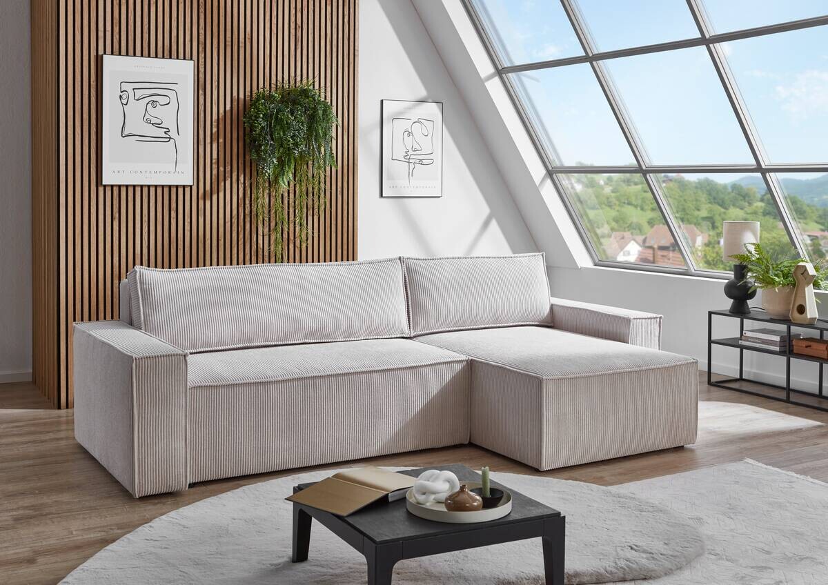 Ecksofa mit Bettfunktion und Bettkasten natur Microfaser B/H/T: ca. 266x150x83 cm