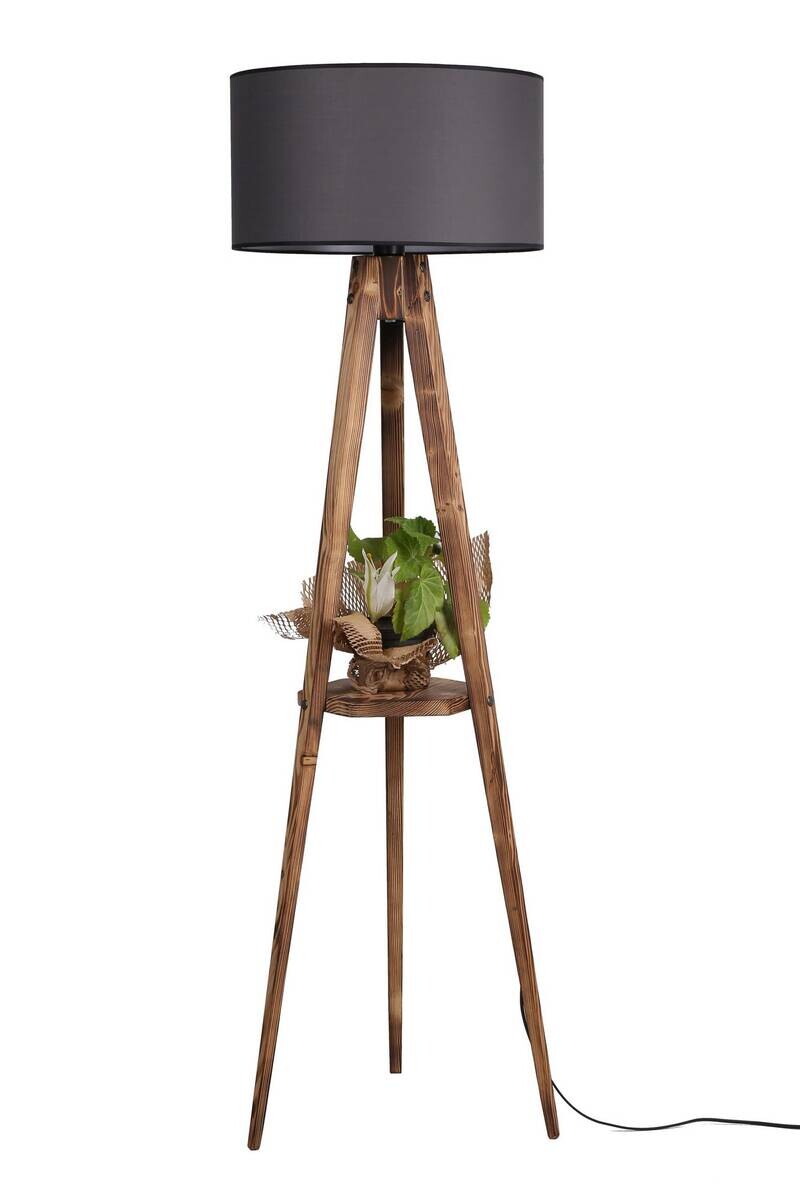 Stehleuchte grau braun Holz Stoff B/H/L/D: ca. 45x153x45x45 cm E27 1 Brennstellen