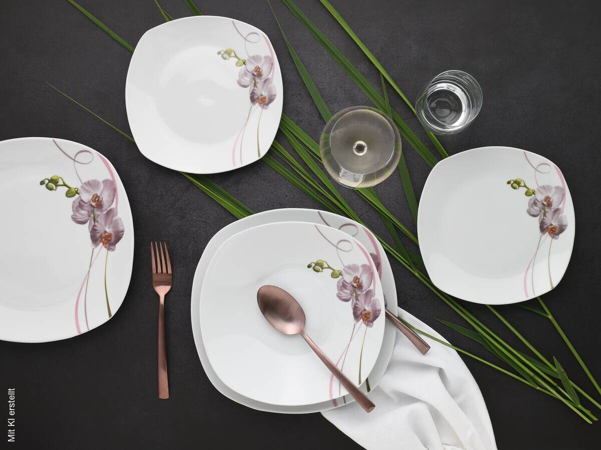 CreaTable Tellerset Square Orchidee weiß Porzellan