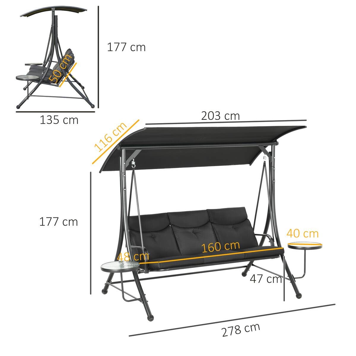 Outsunny Hollywoodschaukel schwarz Polyester B/H/L: ca. 135x177x278 cm