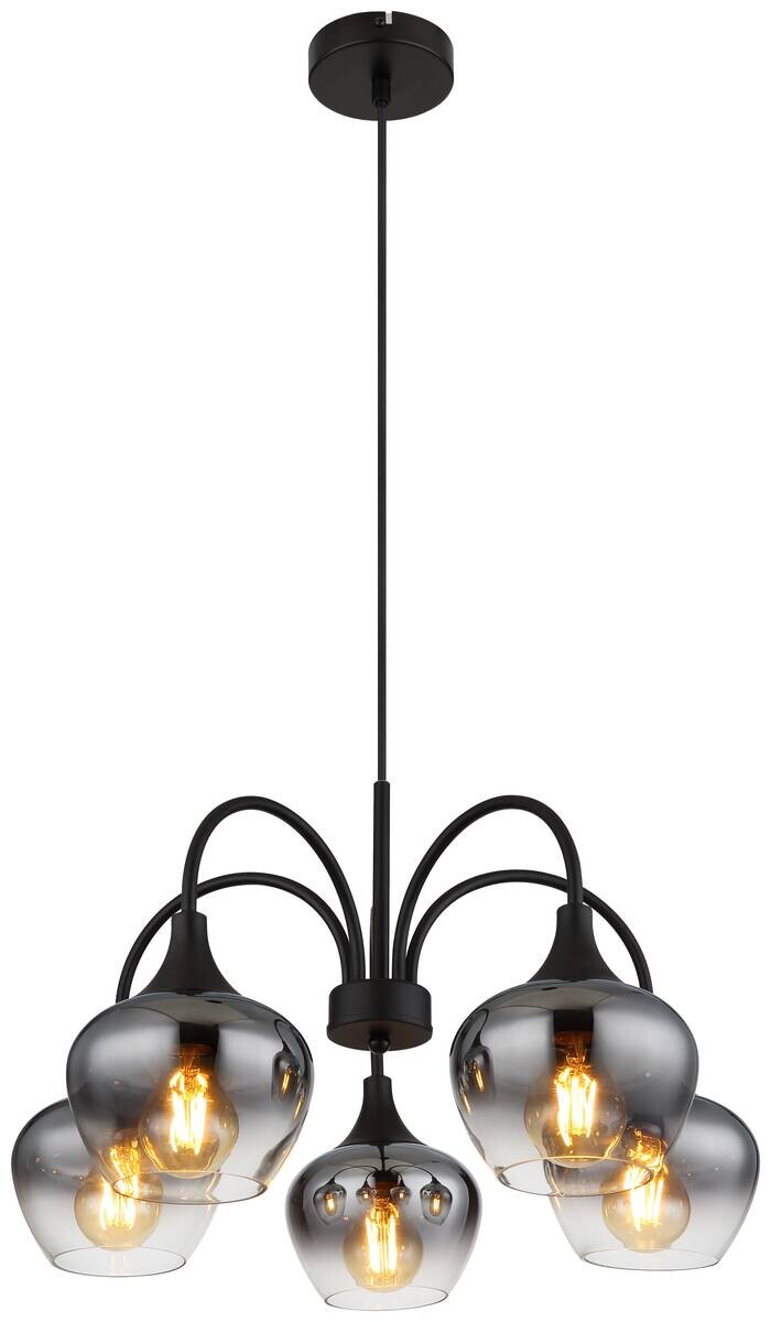 GLOBO Pendelleuchte schwarz transparent Rauch Metall Glas H/D: ca. 120x55 cm E27 5 Brennstellen