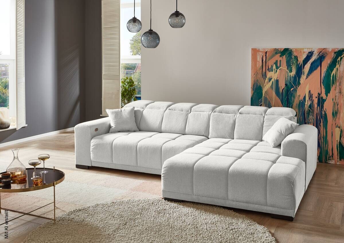Ecksofa mit elektrischer Sitztiefenverstellung creme Microfaser B/H/T: ca. 301x113x195 cm