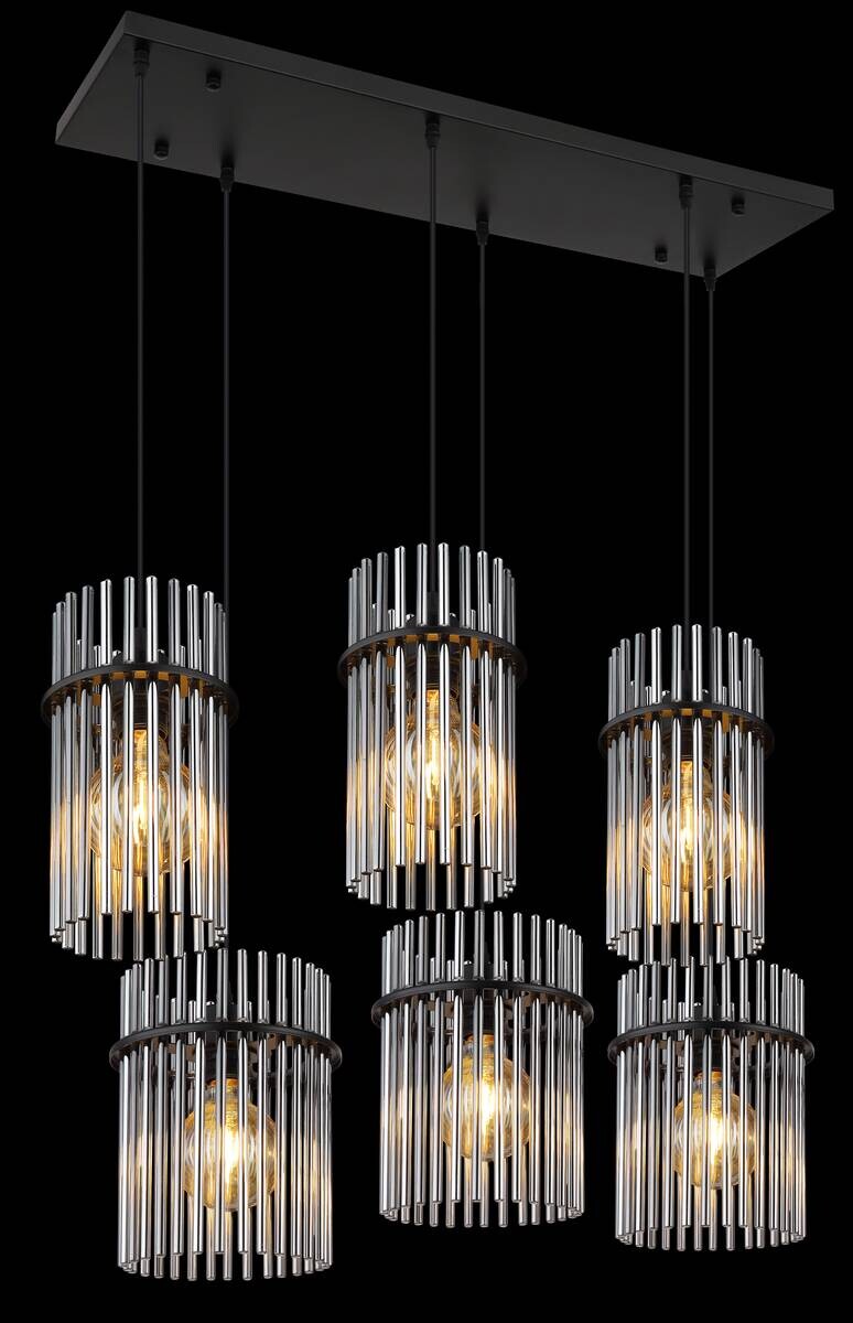 GLOBO Pendelleuchte mattschwarz Rauch schwarz Glas Metall B/H: ca. 92,5x125 cm E27 6 Brennstellen