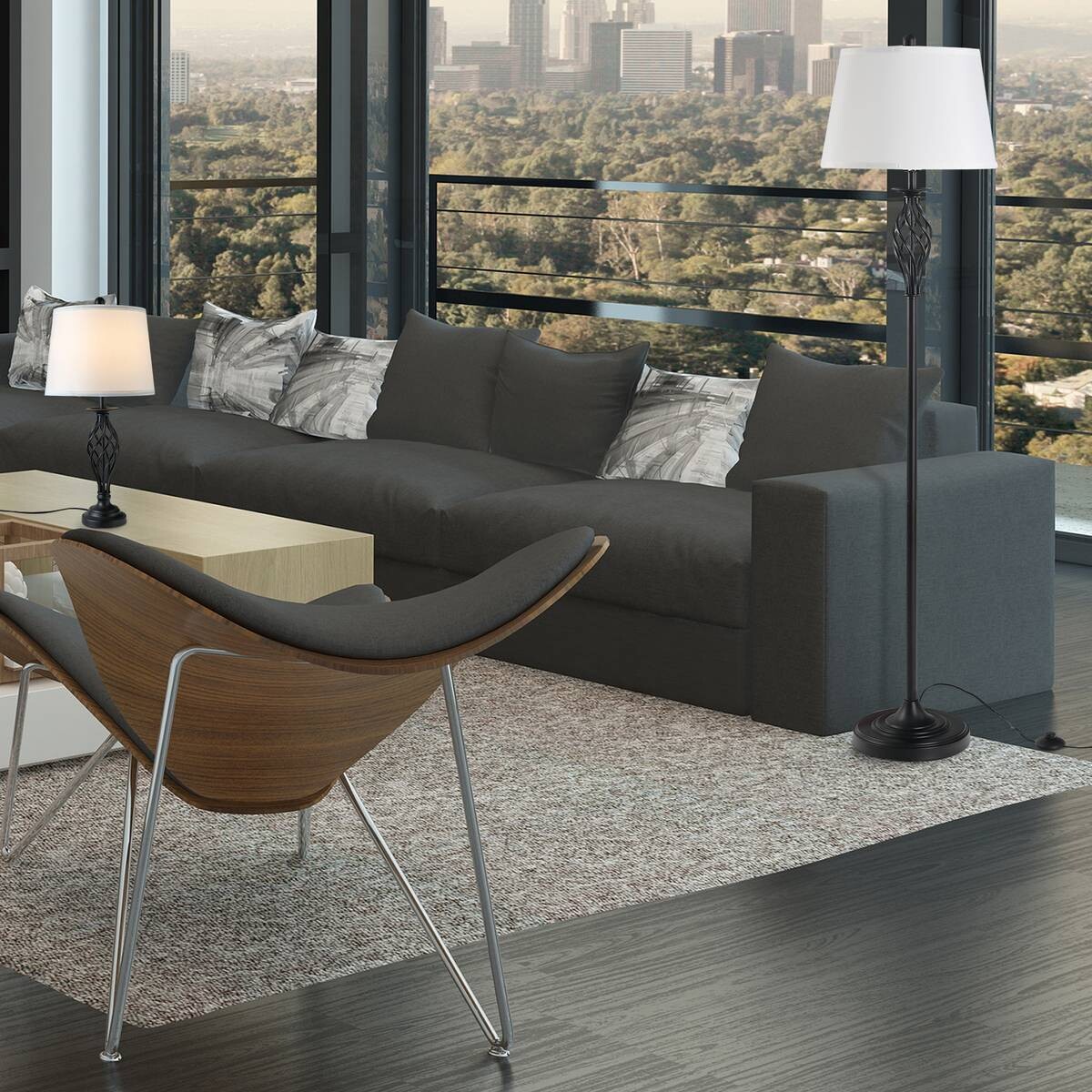 HOMCOM Stehleuchte inkl. 2 Tischleuchten B31-179 schwarz weiß Metall Polyester-Mischgewebe Stoff B/H/L: ca. 38x158x38 cm E27 3 Brennstellen