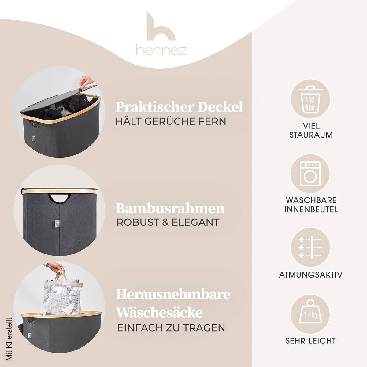 Wäschekorb dunkelgrau Kunststoff B/H/L: ca. 36,5x67x61 cm