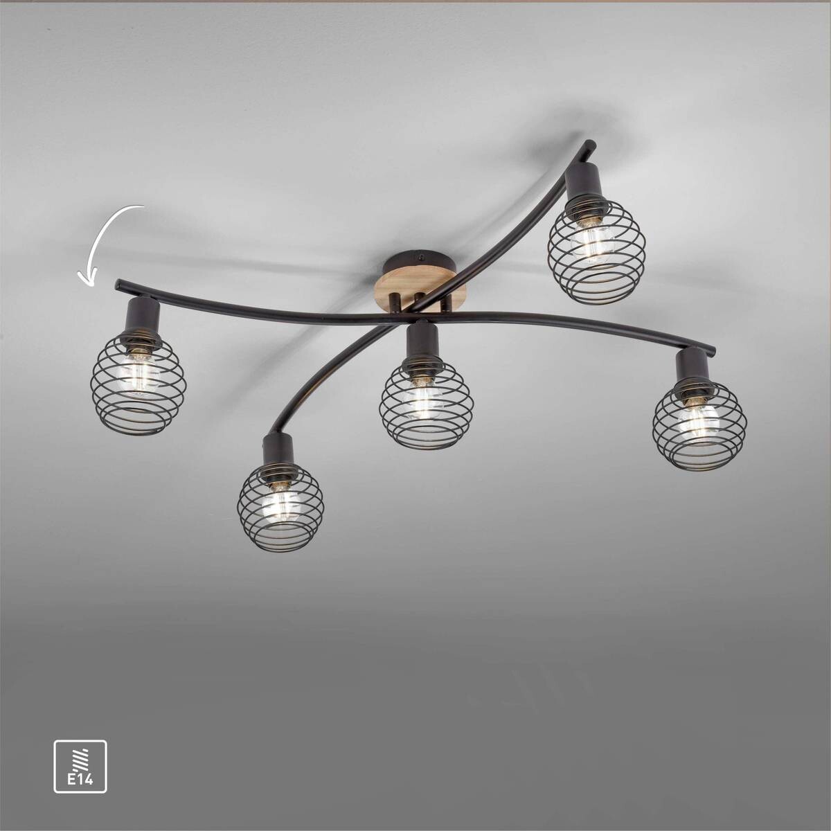 Just Light Deckenleuchte 15925-79 Eugen natur schwarz Aluminium Holzwerkstoff B/H/L: ca. 67x20x70 cm 5 Brennstellen