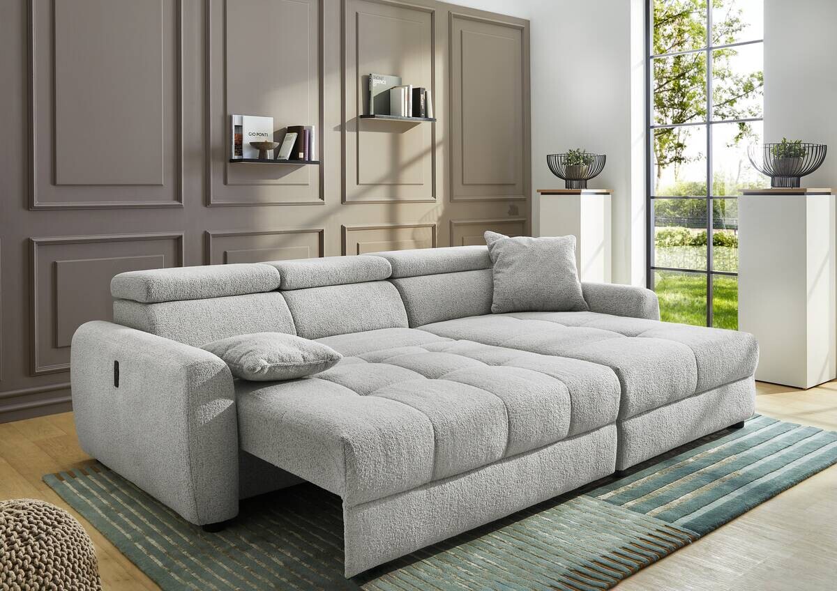 Ecksofa mit elektrischer XXL Sitztiefenverstellung hellgrau Flachgewebe B/H/T: ca. 270x109x175 cm