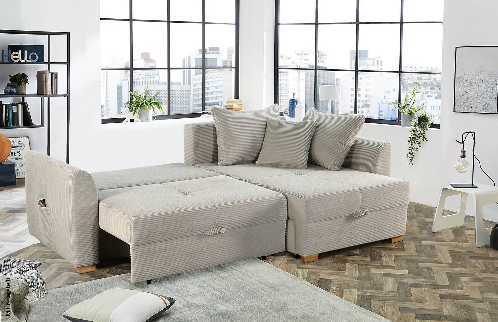 Ecksofa mit Bettfunktion und Bettkasten Greige B/H/T: ca. 236x81x160 cm