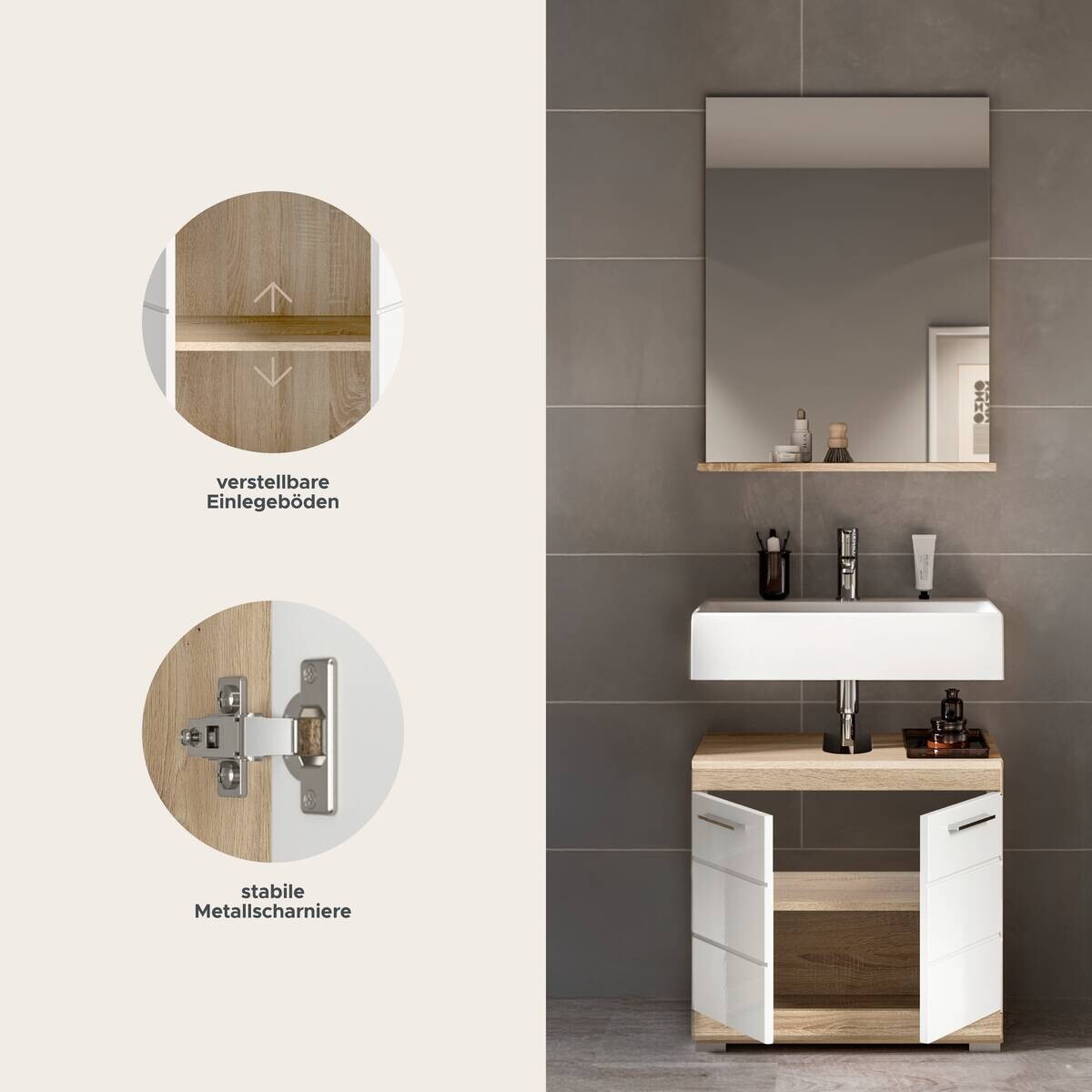 Badezimmer-Set Lambada Eiche Sonoma Nachbildung weiß Hochglanz B/H/T: ca. 60x191x34 cm