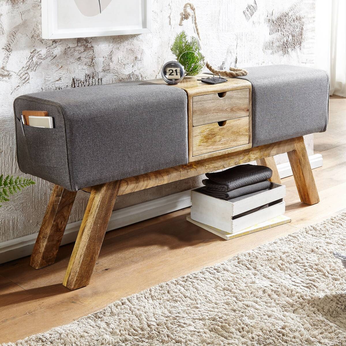 Wohnling Sitzbank grau natur Stoff Echtholz B/H/T: ca. 120x56x30 cm