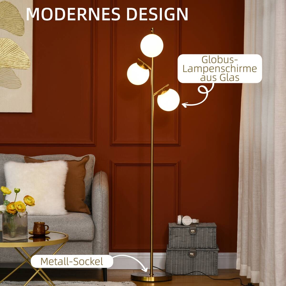 HOMCOM Stehleuchte gold Glas Metall B/H/L: ca. 27x169x27 cm E27 3 Brennstellen
