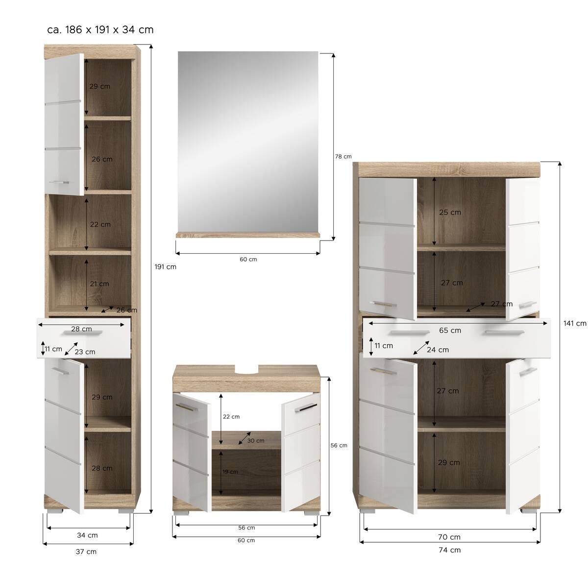 Badezimmer-Set Lambada Eiche Sonoma Nachbildung weiß Hochglanz B/H/T: ca. 186x191x34 cm