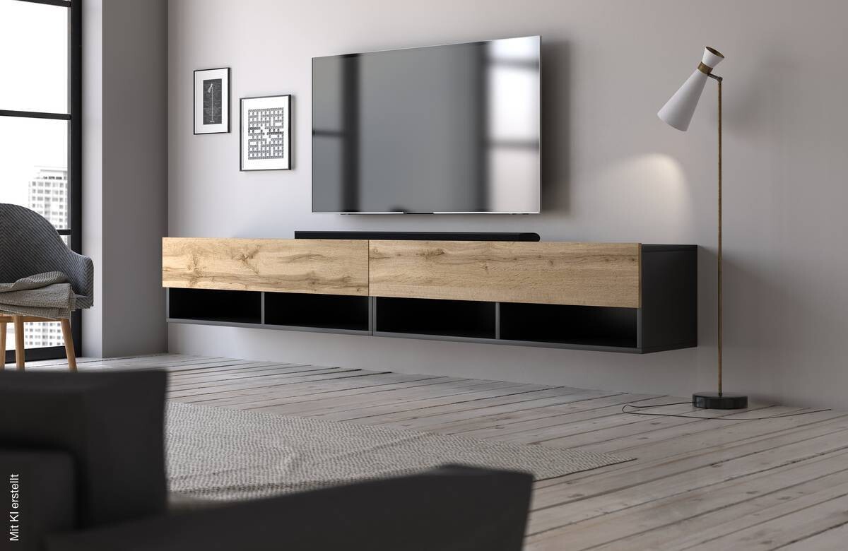 TV-Lowboard TV LOWBOARD DERBY 280 schwarz Eiche Wotan Nachbildung B/H/T: ca. 280x32,5x31,5 cm