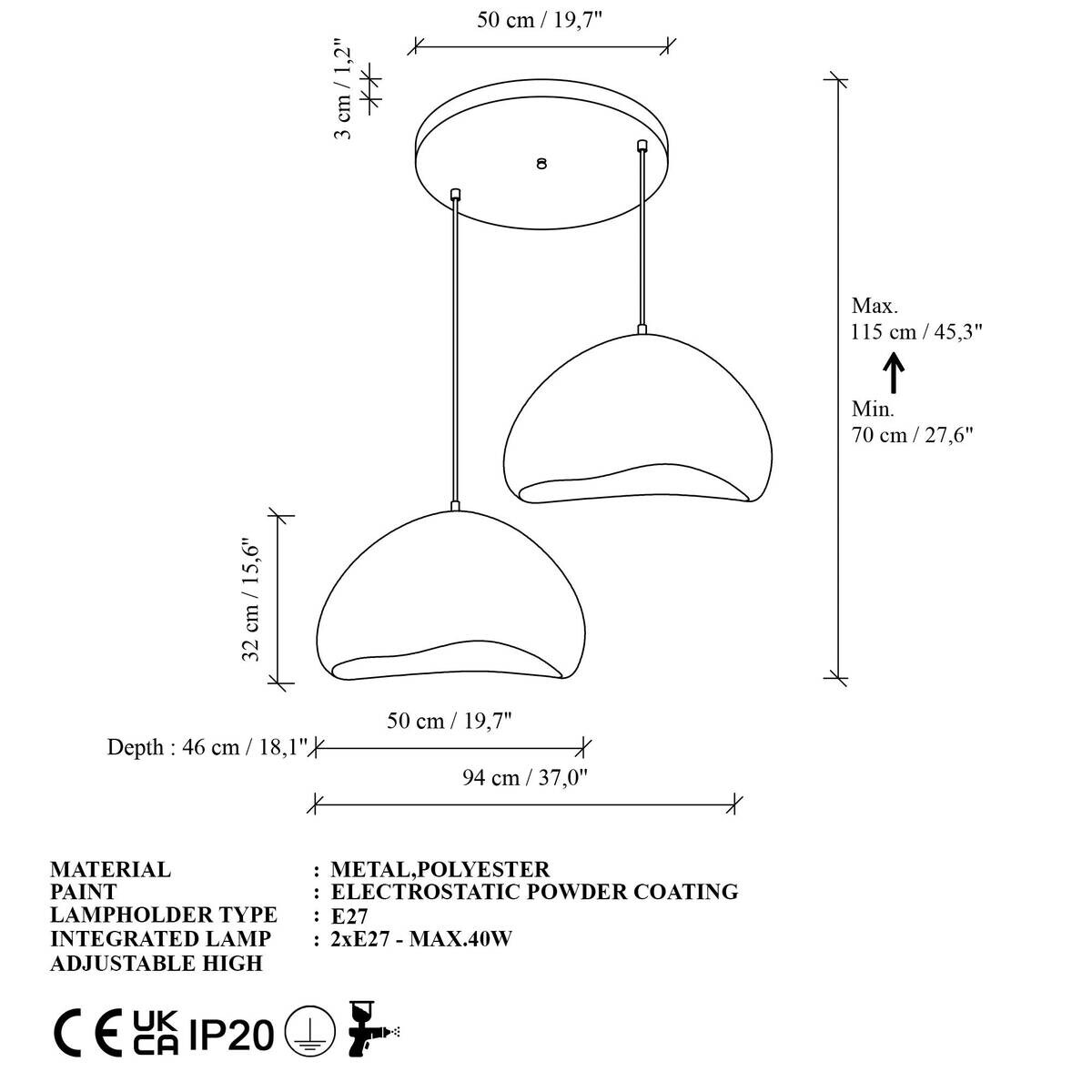 Opviq Pendelleuchte weiß Metall Fiberglas B/T/L: ca. 50x46x50 cm E27 2 Brennstellen