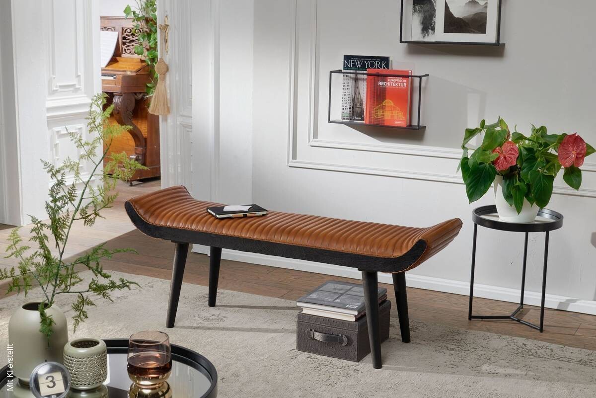 Wohnling Sitzbank braun schwarz Leder Echtholz B/H/T: ca. 125x51x38 cm