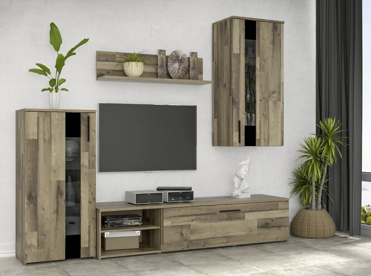 Wohnwand Stabeiche Nachbildung B/H/T: ca. 213x184x41 cm