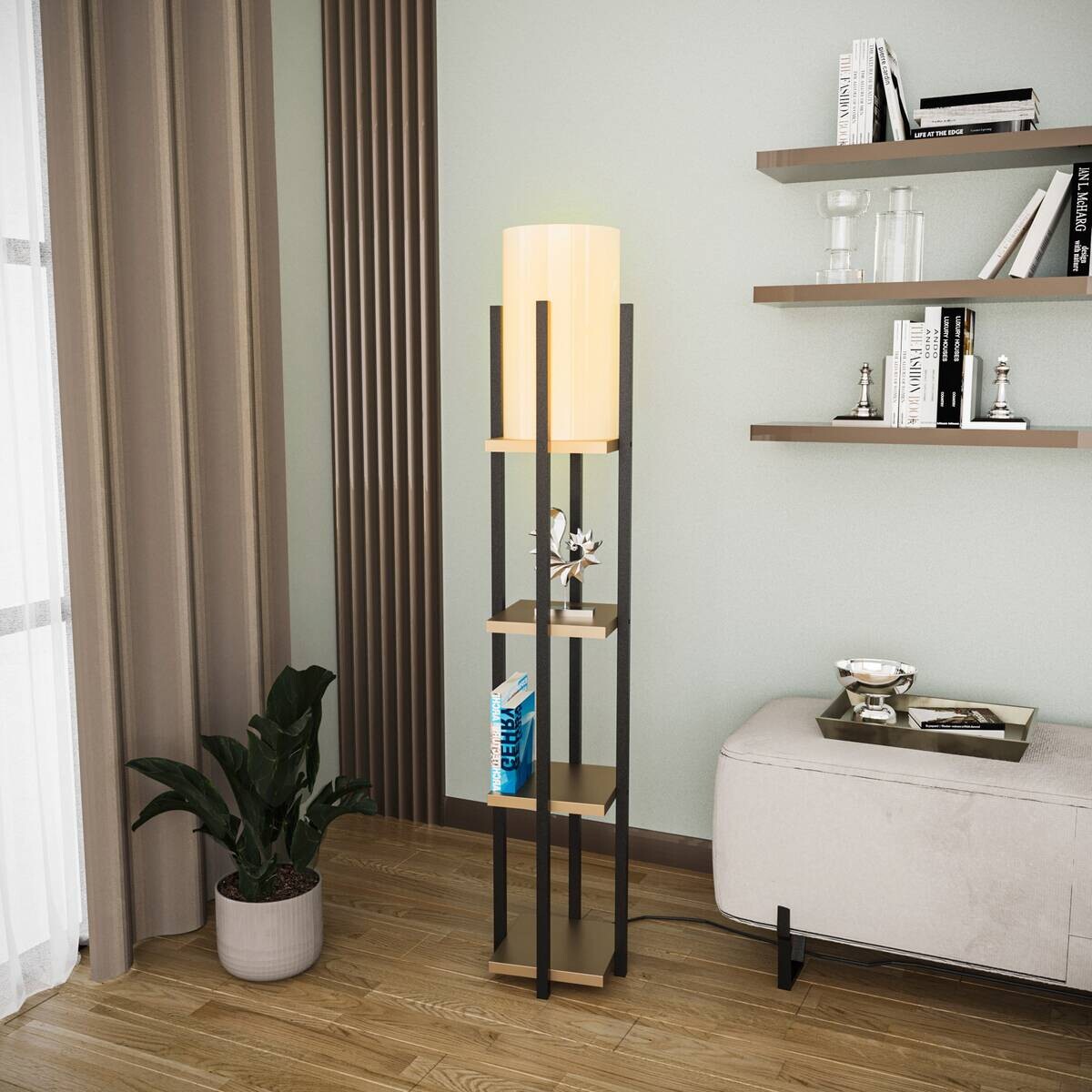 Opviq Stehlampe gold schwarz Stoff B/H/T/L/D: ca. 25x130x25x25x25 cm E27 1 Brennstellen