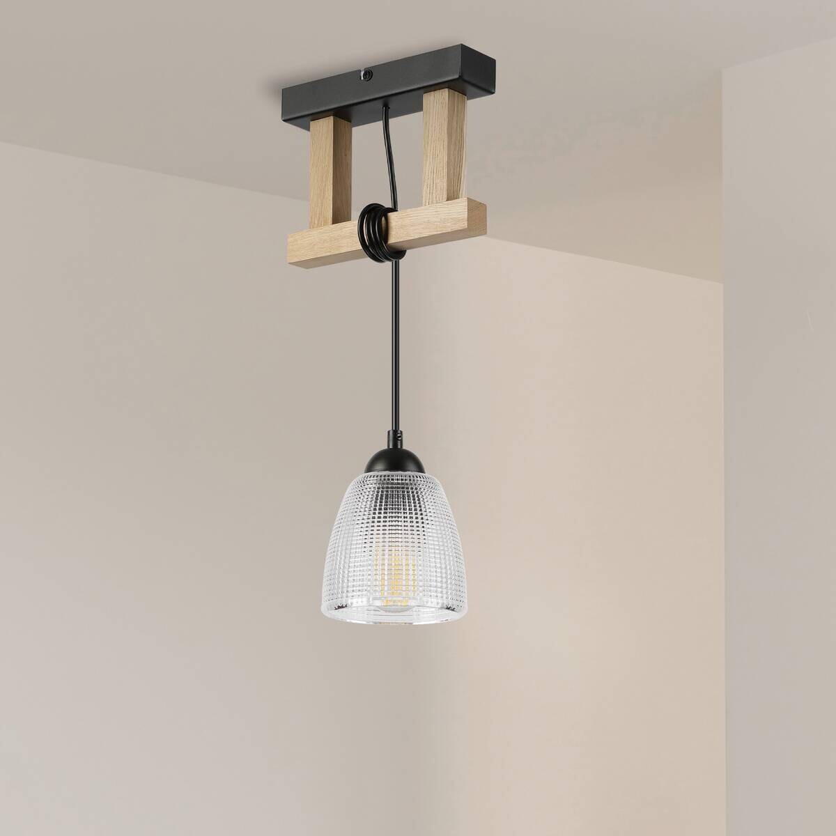 Lamkur Pendelleuchte Eiche Stahl B/H/L: ca. 20x89x20 cm E27 1 Brennstellen