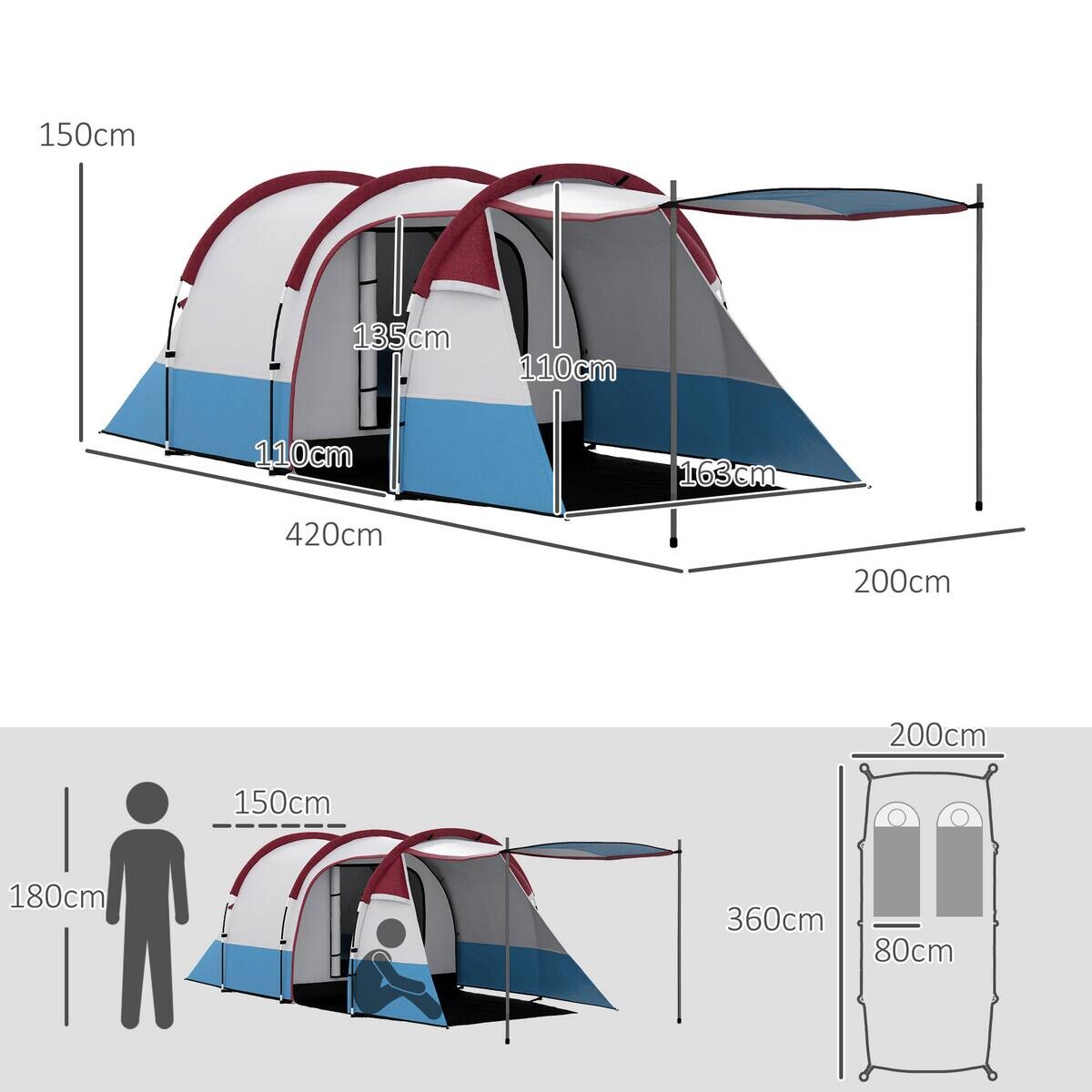 Outsunny Campingzelt rot Glas B/H/L: ca. 200x150x420 cm