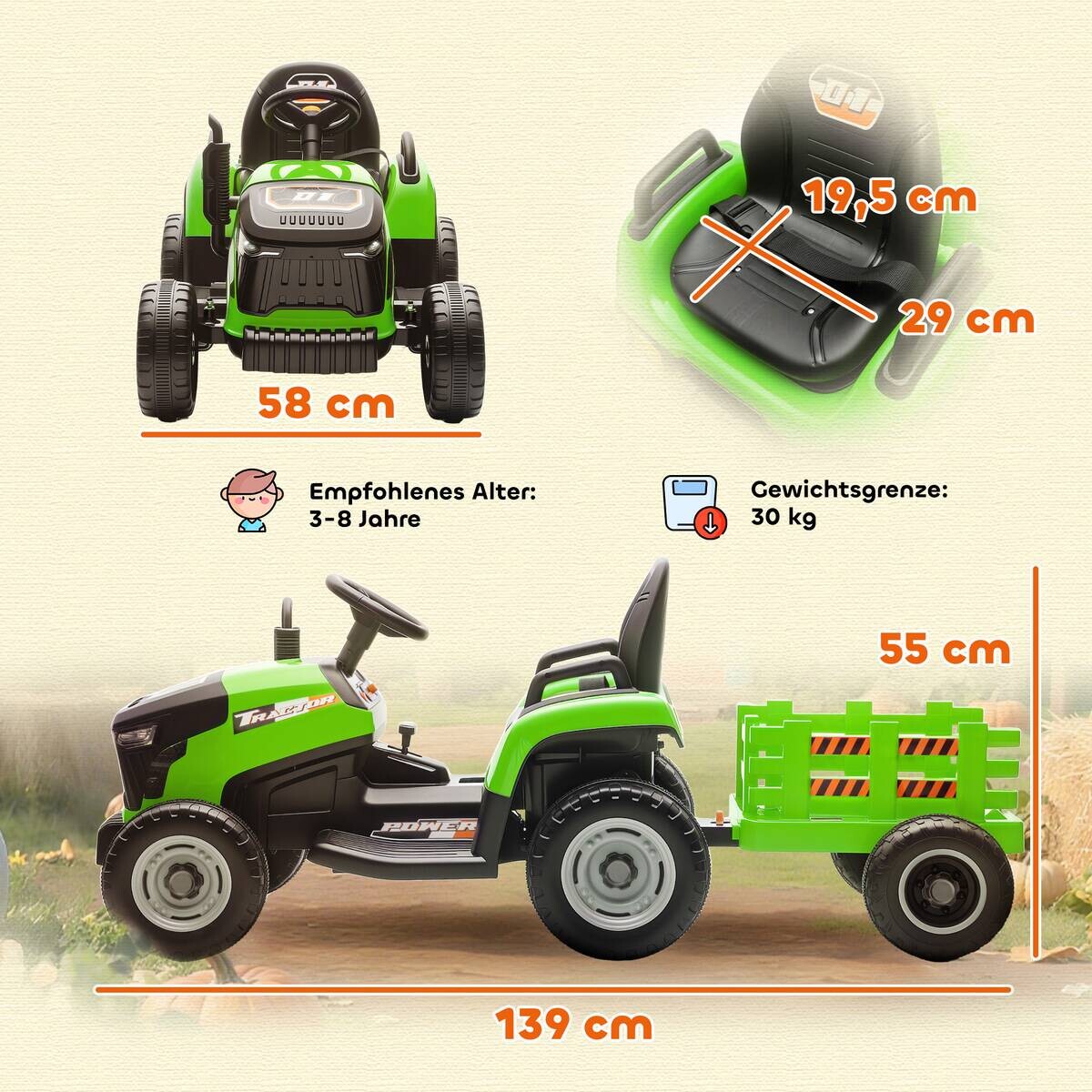 AIYAPLAY Elektrischer Traktor grün B/H/L: ca. 58x55x139 cm