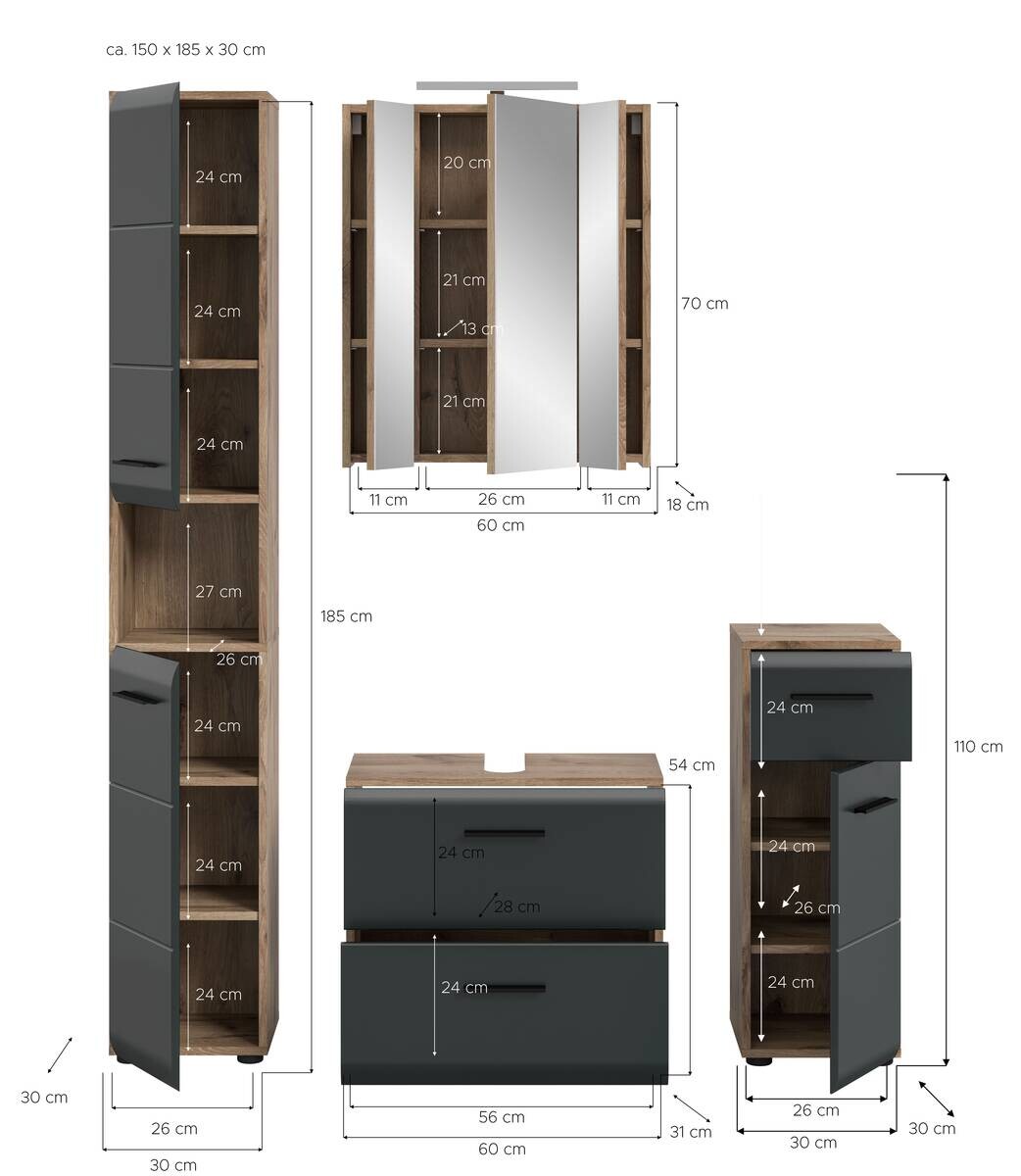 Badezimmer-Set Ice Nox Oak Nachbildung schwarz matt B/H/T: ca. 150x185x46 cm