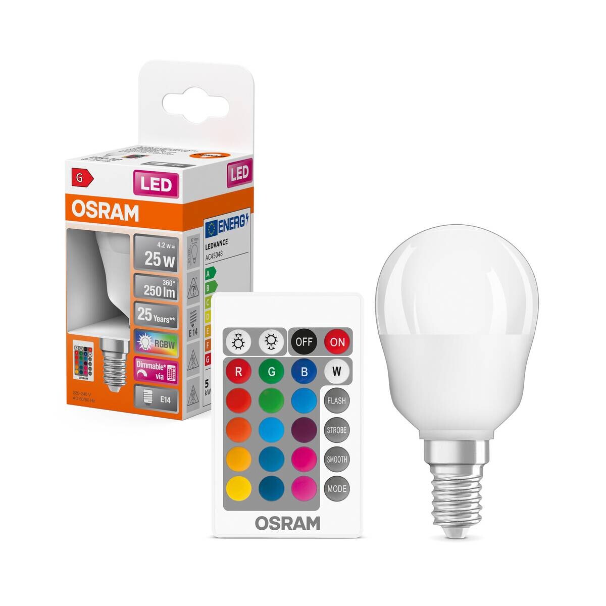 OSRAM LED-Leuchtmittel Tropfen RGBW mit Fernbedienung AC45048 E14