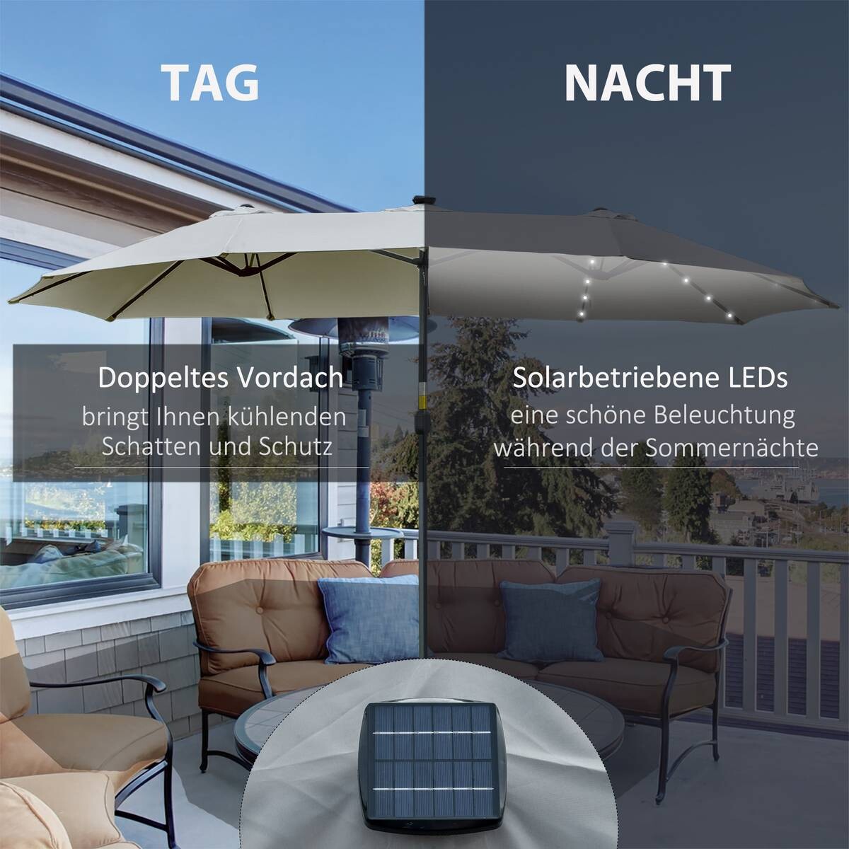 Outsunny Sonnenschirm mit Solar-LED-Leuchte bunt Metall B/H/L: ca. 265x240x450 cm