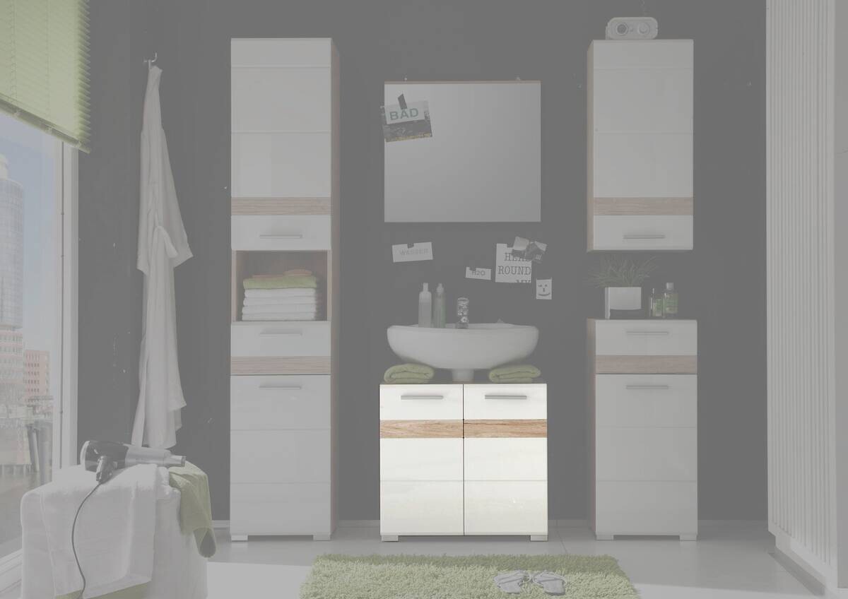Waschbeckenunterschrank Set One Eiche San-Remo Nachbildung weiß Hochglanz B/H/T: ca. 60x56x34 cm