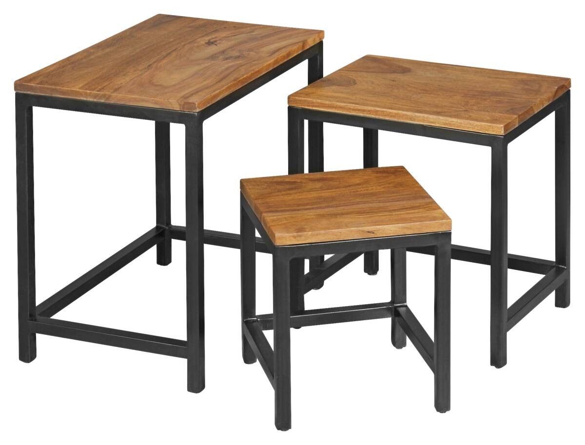 Beistelltisch 3er-Set natur schwarz pulverbeschichtet Echtholz Metall