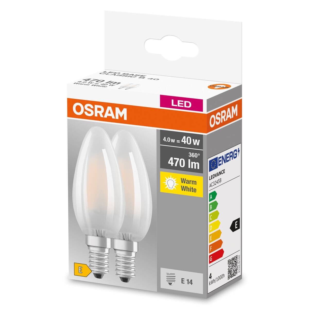 OSRAM LED-Leuchtmittel Kerzenlampe BASE Classic B AC70204 2er Pack E14