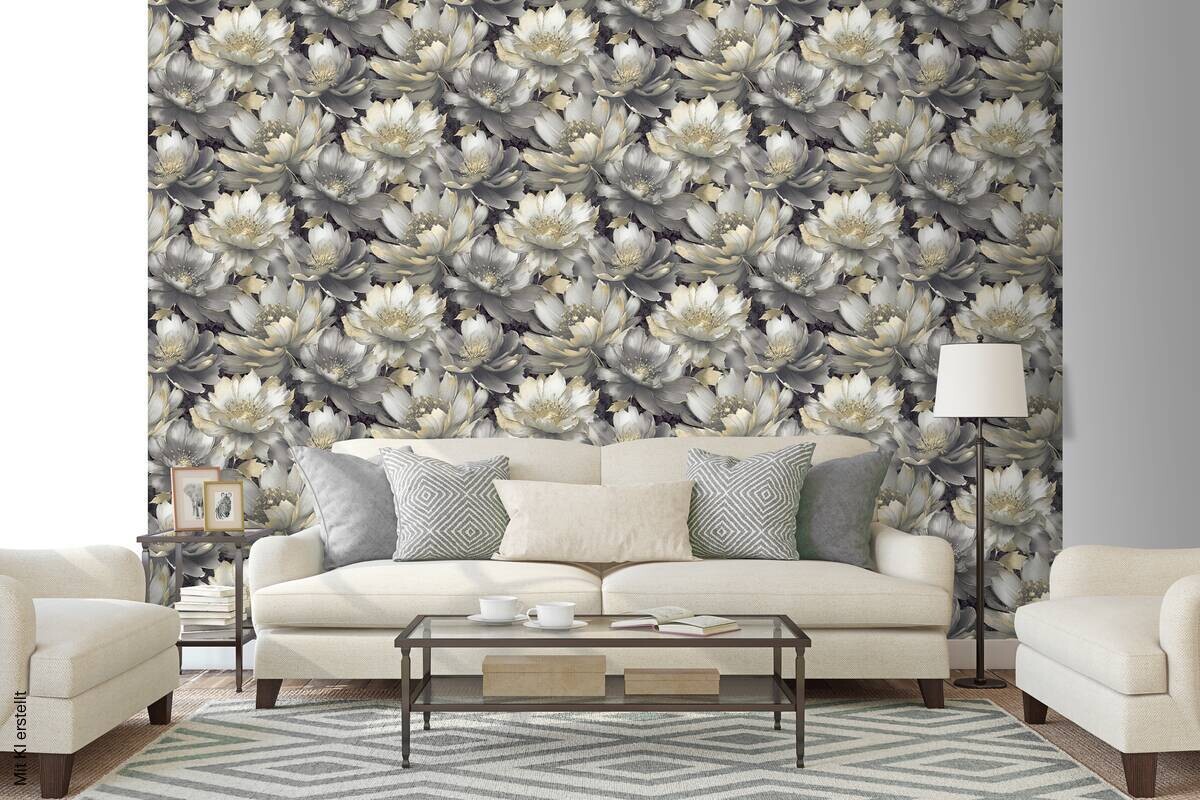 Vliestapete Blumen gold grau B/L: ca. 53x1005 cm