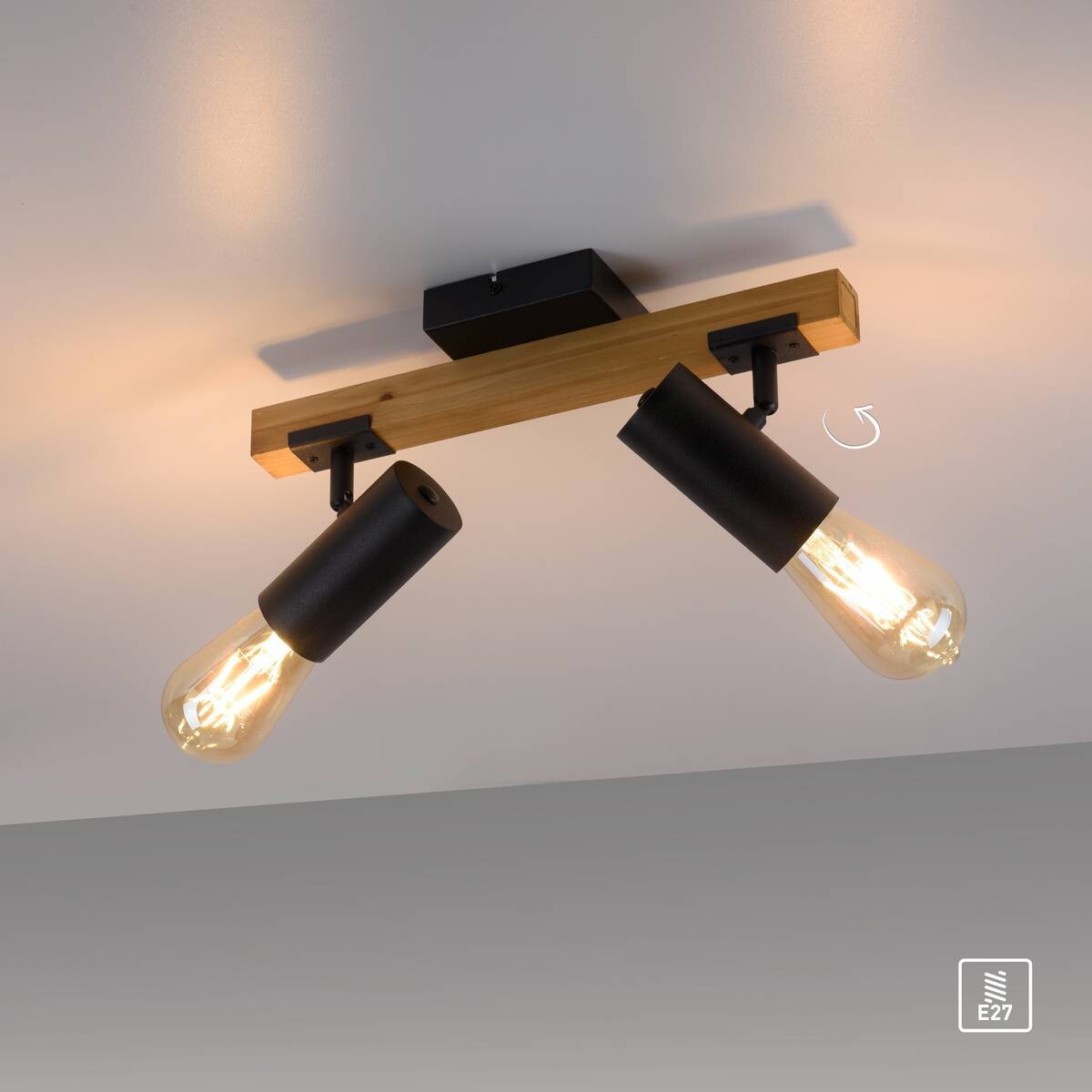 Just Light Deckenleuchte PILON 15162-18 natur schwarz Metall Holz B/H/T: ca. 35x18x10 cm E27 2 Brennstellen