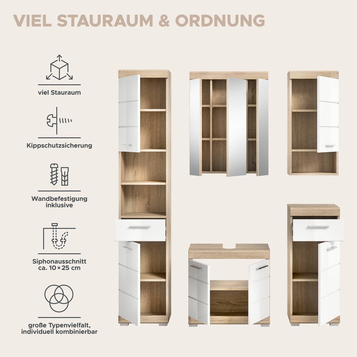 Badezimmer-Set Lambada Eiche Sonoma Nachbildung weiß Hochglanz B/H/T: ca. 164x191x34 cm