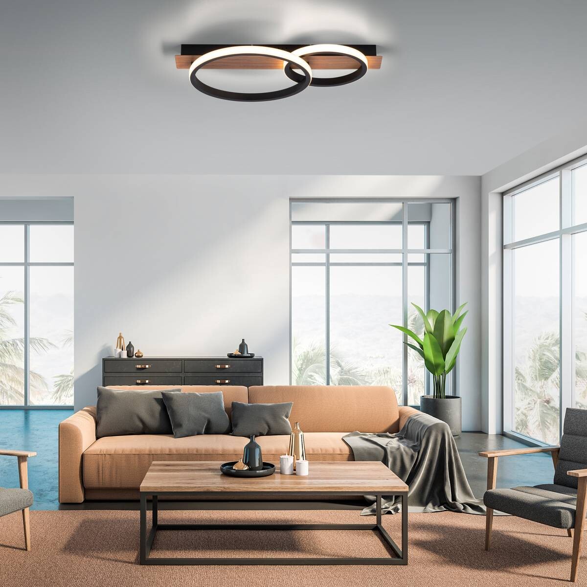 Just Light LED-Deckenleuchte TROOPER 15615-78 schwarz weiß natur Kunststoff Metall B/H/T: ca. 30x8x53 cm 1 Brennstellen