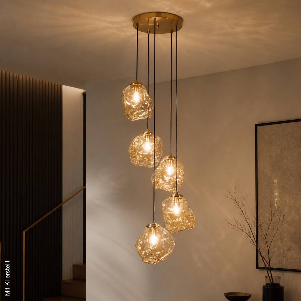 Lamkur Pendelleuchte amber Glas Stahl B/H/L: ca. 47x150x47 cm E14 5 Brennstellen