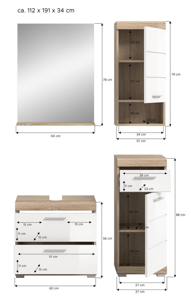 Badezimmer-Set Lambada Eiche Sonoma Nachbildung weiß Hochglanz B/H/T: ca. 112x191x37 cm