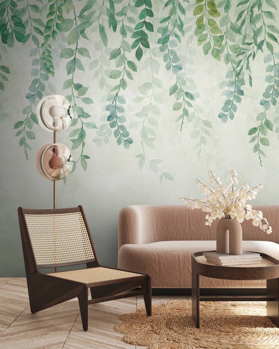 Livingwalls Fototapete Blätter creme blau grün B/L: ca. 280x371 cm