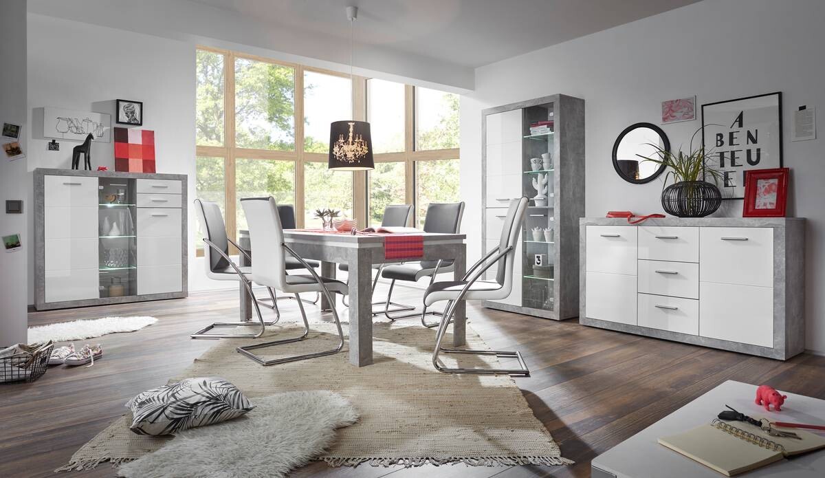 Vitrine Stone Beton Optik weiß glänzend B/H/T: ca. 92x194x37 cm