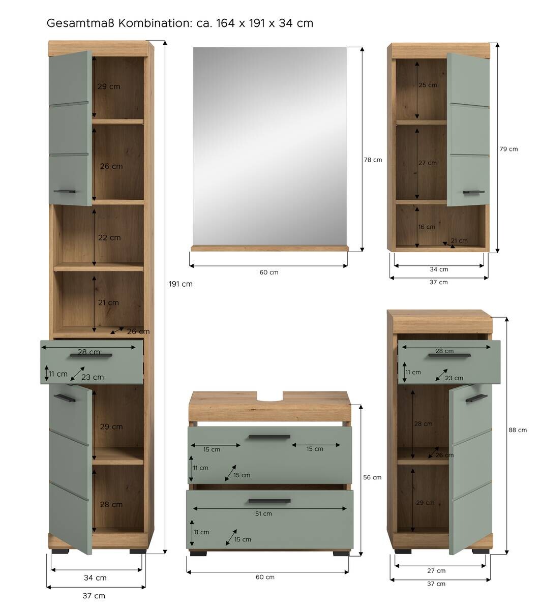 Badezimmer-Set Scout Eiche Artisan Nachbildung salbei Nachbildung B/H/T: ca. 164x191x37 cm
