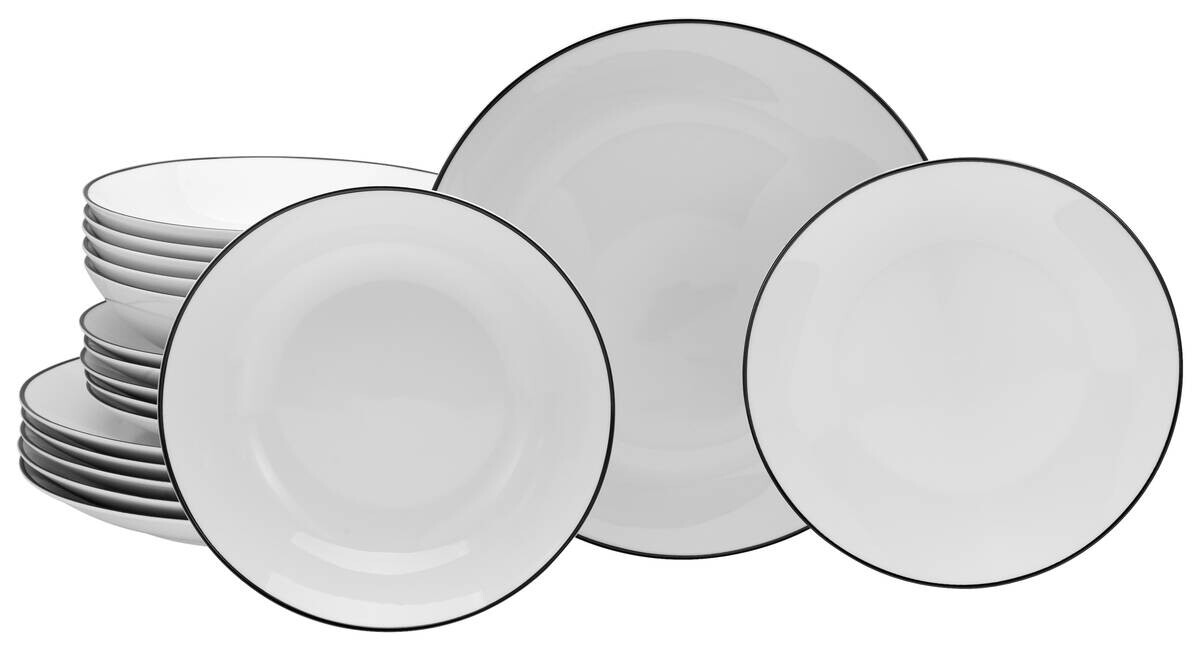 CreaTable Tafelservice Luna Black Line weiß Porzellan 18 tlg.