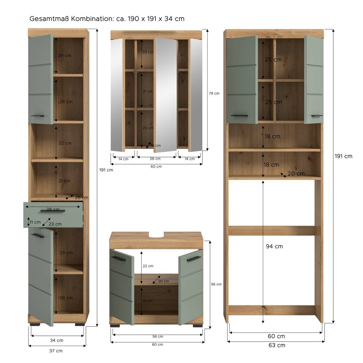 Badezimmer-Set Scout Eiche Artisan Nachbildung salbei Nachbildung B/H/T: ca. 190x191x34 cm