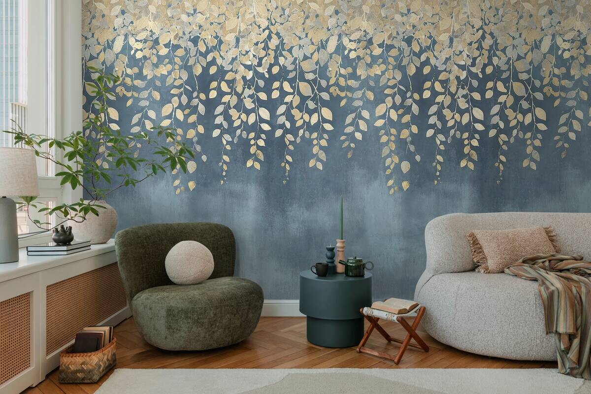 Livingwalls Fototapete Floral creme blau gelb B/L: ca. 280x159 cm seidenglänzend