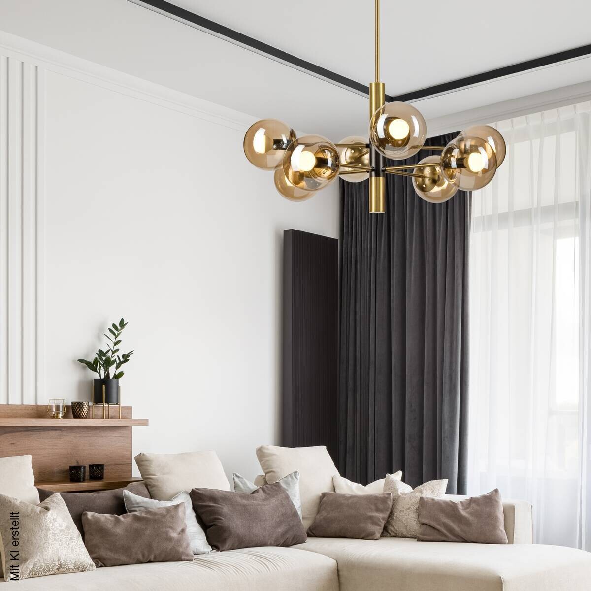 Lamkur Pendelleuchte gold schwarz Metall Glas H/D: ca. 76x68 cm E14 8 Brennstellen