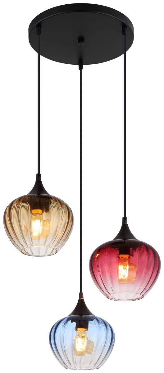GLOBO Pendelleuchte SANDER 15748-3HR blau schwarz Glas Metall H/D: ca. 150x45 cm E27 3 Brennstellen