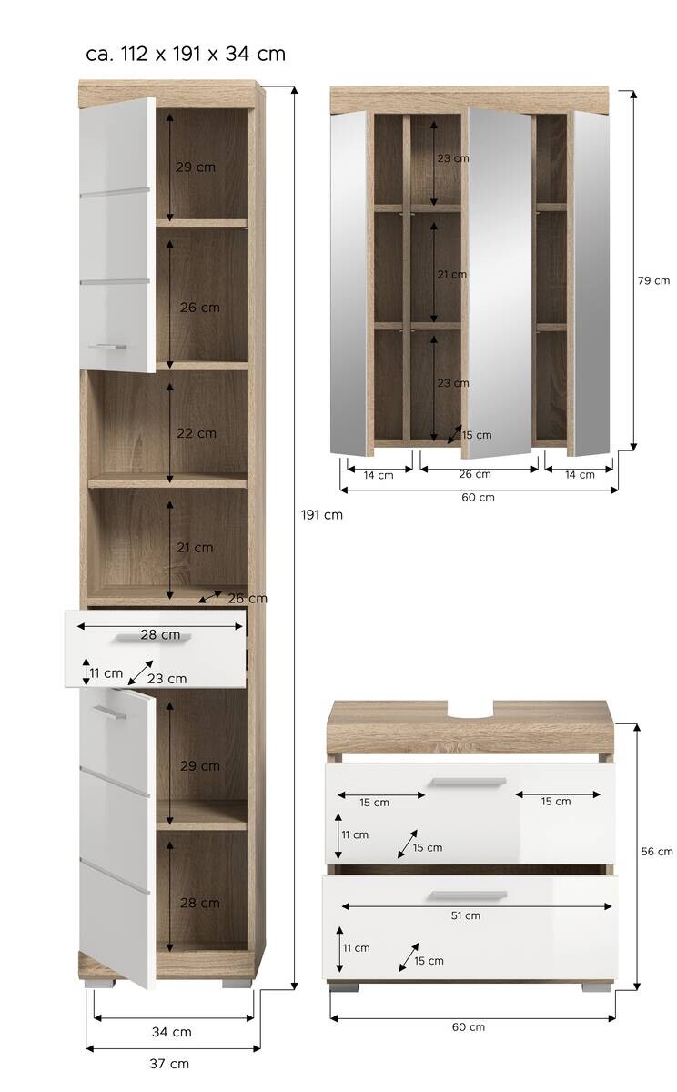 Badezimmer-Set Lambada Eiche Sonoma Nachbildung weiß Hochglanz B/H/T: ca. 112x191x37 cm